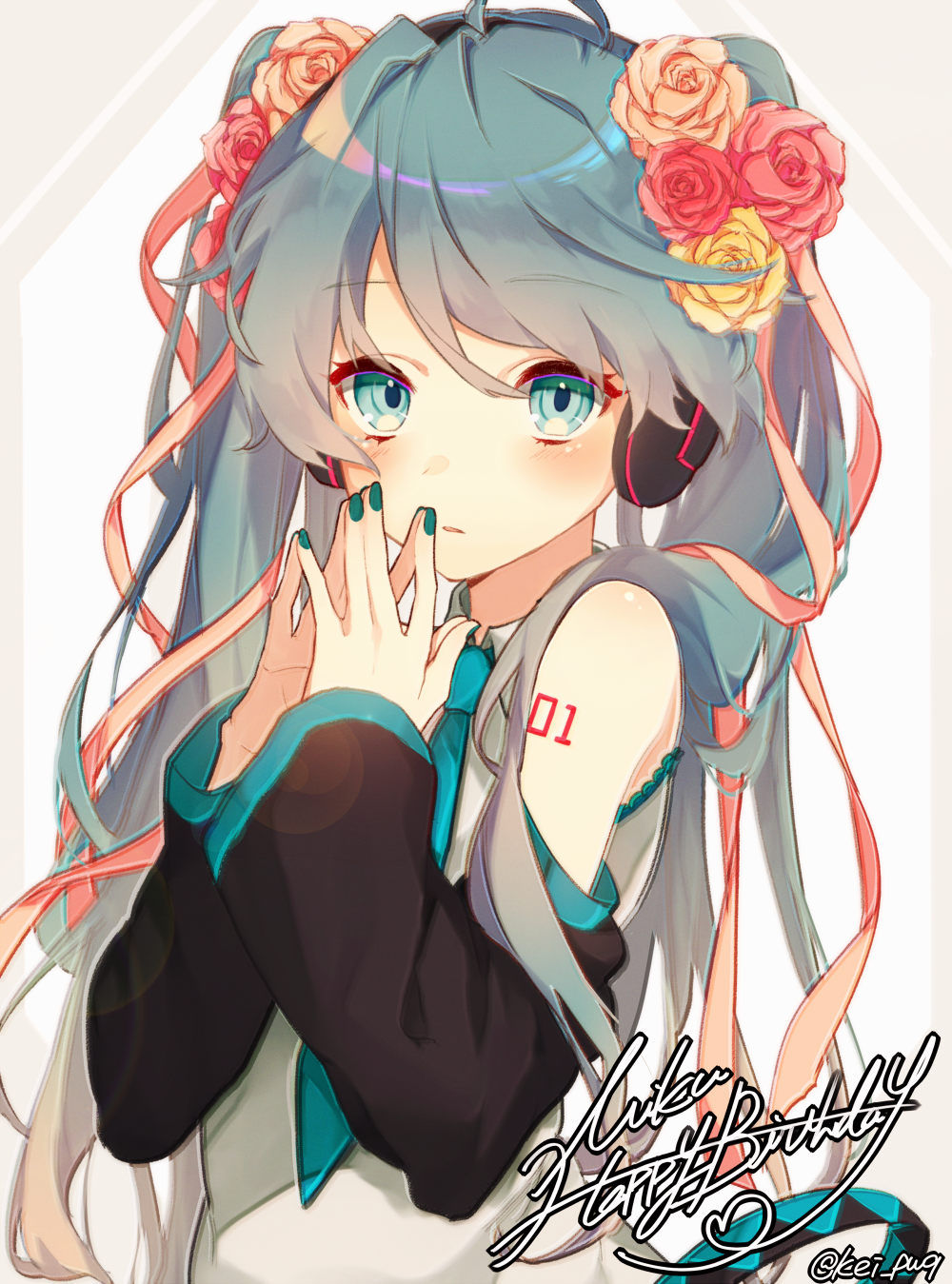 1girl ahoge bangs bare_shoulders blue_eyes blue_hair blue_neckwear blush brown_ribbon collared_shirt commentary_request detached_sleeves eyebrows_visible_through_hair fingernails flower fujikiri_yana green_nails grey_shirt hair_between_eyes hair_flower hair_ornament hair_ribbon hands_up happy_birthday hatsune_miku headphones highres jewelry long_hair long_sleeves looking_at_viewer nail_polish necklace parted_lips red_flower red_rose ribbon rose shirt sleeveless sleeveless_shirt sleeves_past_wrists solo steepled_fingers twintails twitter_username very_long_hair vocaloid wide_sleeves yellow_flower yellow_rose