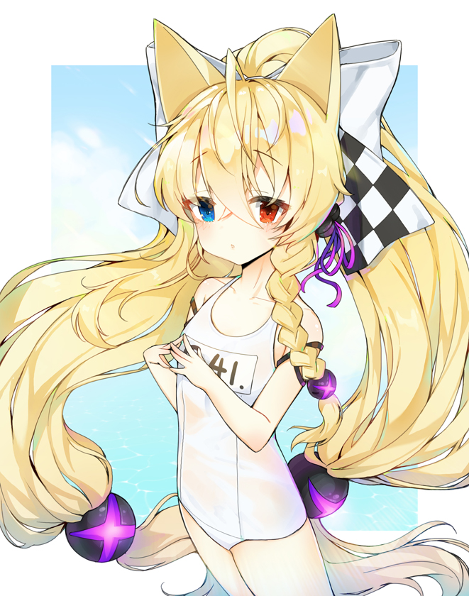 1girl animal_ears bangs bare_shoulders blonde_hair blue_eyes blue_sky blush bow breasts cat_ears character_name clouds collarbone commentary day eyebrows_visible_through_hair fingers_together g41_(girls_frontline) girls_frontline hair_between_eyes hair_bow hair_ornament heterochromia long_hair looking_at_viewer low-tied_long_hair name_tag one-piece_swimsuit parted_lips red_eyes school_swimsuit sky small_breasts solo standing swimsuit tp_(kido_94) twintails very_long_hair white_bow white_school_swimsuit white_swimsuit