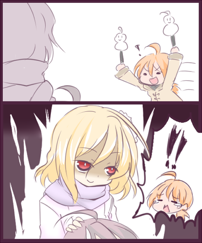 ! !! 2koma 3girls :d ahoge arms_up aura blonde_hair brown_coat brown_hair closed_eyes closed_mouth coat comic commentary_request grey_hair hair_between_eyes hand_on_another's_head hime_(suguri) holding hono long_hair long_sleeves lowres multiple_girls official_art open_mouth out_of_frame purple_scarf red_eyes saki_(suguri) scarf shaded_face silent_comic smile snow suguri suguri_(character) tears v-shaped_eyebrows white_coat