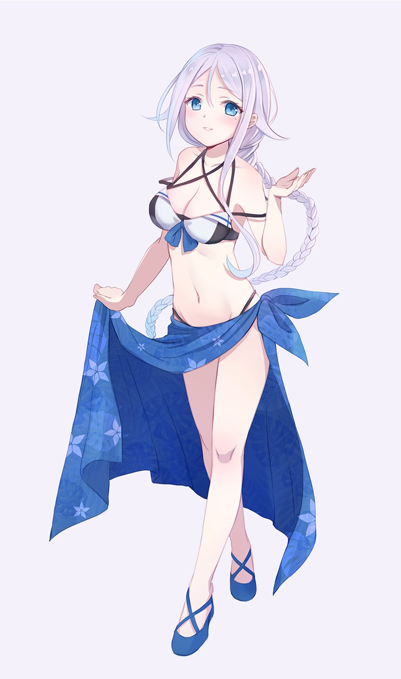 1girl adapted_costume bangs bikini blue_eyes blue_footwear blush braid breasts cleavage collarbone emia_wang full_body grey_background groin hair_between_eyes hair_flaps highres kantai_collection long_hair looking_at_viewer medium_breasts mole mole_under_eye navel parted_bangs parted_lips sarong shoes silver_hair simple_background single_braid solo standing swimsuit umikaze_(kantai_collection) very_long_hair