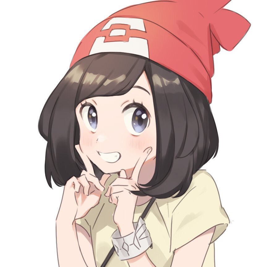 1girl bangs beanie blush commentary_request creatures_(company) facing_viewer finger_to_cheek game_freak grey_eyes hat looking_at_viewer mizuki_(pokemon) nintendo open_mouth pokemon pokemon_(game) pokemon_sm portrait shirt short_hair simple_background smile solo solo_focus strap teeth unapoppo white_background z-ring