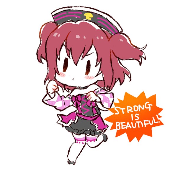 1girl :t bangs black_choker black_footwear blush_stickers bow checkered chibi choker clenched_hands commentary_request detached_sleeves english eyebrows_visible_through_hair hat kinmirai_happy_end kiyose_akame kurosawa_ruby love_live! love_live!_sunshine!! pink_bow redhead ribbon-trimmed_sleeves ribbon_trim simple_background skirt solo standing standing_on_one_leg thigh-highs two_side_up v-shaped_eyebrows white_background white_legwear |_|