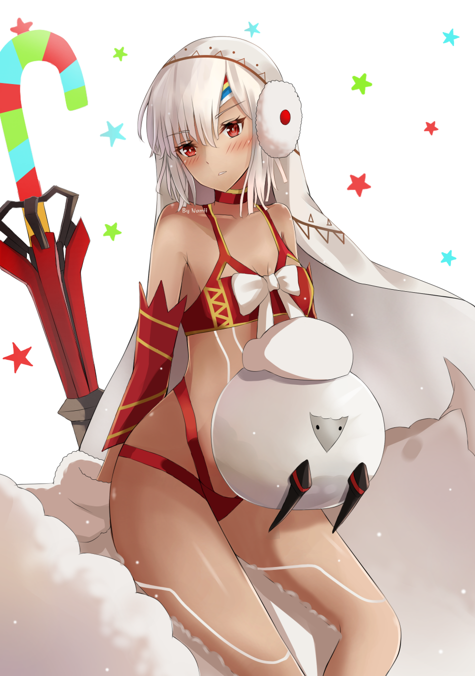 1girl altera_(fate) altera_the_santa animal bare_shoulders blush breasts choker collarbone dark_skin detached_sleeves earmuffs fate/grand_order fate_(series) feet_out_of_frame full_body_tattoo gloves headdress highres holding holding_animal midriff namii parted_lips photon_ray red_eyes revealing_clothes sheep short_hair simple_background small_breasts solo tan tattoo thighs white_hair