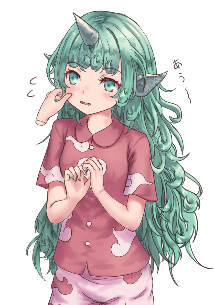 1girl bangs blush breasts cheek_pull cloud_print commentary_request cowboy_shot curly_hair disembodied_limb eyebrows_visible_through_hair flying_sweatdrops green_eyes green_hair green_nails highres horn komano_aun long_hair messy_hair nail_polish own_hands_together parted_lips red_shirt roke_(taikodon) shirt short_sleeves shorts simple_background small_breasts solo solo_focus standing touhou translated very_long_hair white_background white_shorts