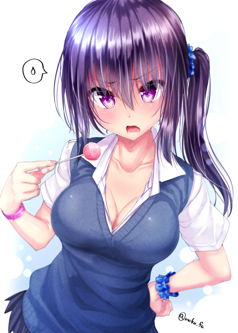 1girl bangs blue_background blue_scrunchie blue_skirt blush breasts candy cleavage collared_shirt eyebrows_visible_through_hair food gradient gradient_background hair_between_eyes hair_ornament hair_scrunchie hand_on_hip holding holding_candy holding_food holding_lollipop large_breasts lollipop long_hair looking_at_viewer mokufuu open_mouth original pleated_skirt purple_hair scrunchie shirt short_sleeves side_ponytail skirt solo speech_bubble spoken_sweatdrop sweatdrop sweater_vest twitter_username violet_eyes white_background white_shirt wrist_scrunchie wristband