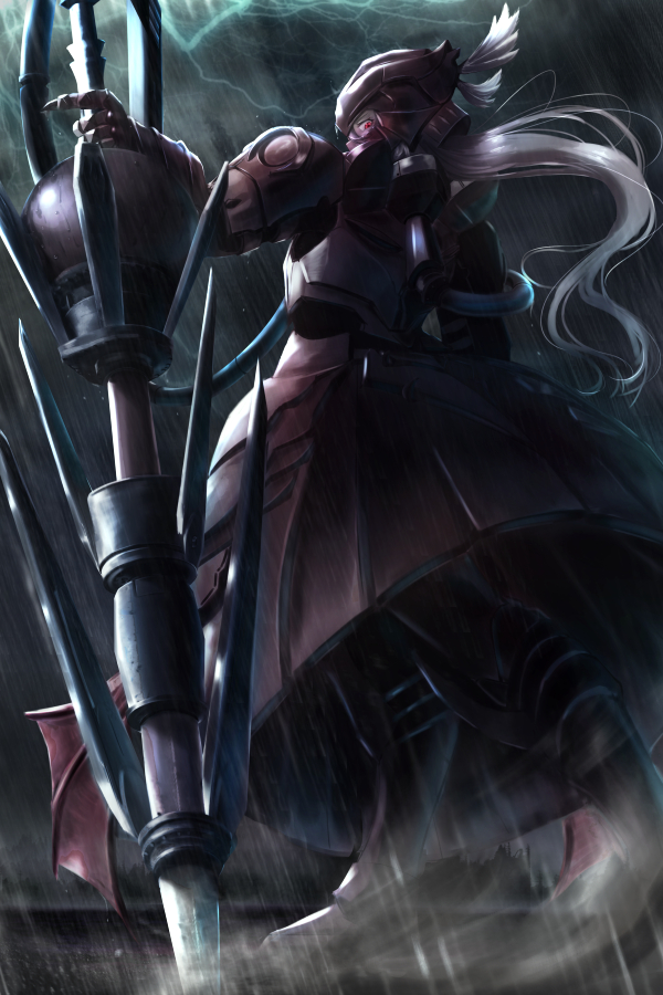 1girl armor armored_boots armored_dress boots dress feathers floating_hair from_below gauntlets hair_feathers helmet holding holding_weapon long_hair looking_at_viewer looking_back night outdoors overlord_(maruyama) pink_hair rain red_dress red_eyes shalltear_bloodfallen solo tagame_(tagamecat) weapon white_feathers