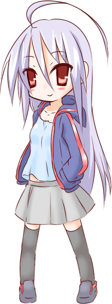 1girl ahoge bangs black_legwear blue_camisole blue_jacket blush_stickers camisole closed_mouth collarbone commentary_request eyebrows_visible_through_hair grey_footwear grey_skirt hair_between_eyes hands_in_pockets hono hood hood_down hooded_jacket jacket long_hair looking_at_viewer official_art open_clothes open_jacket pleated_skirt red_eyes shoes silver_hair simple_background skirt smile solo suguri suguri_(character) thigh-highs very_long_hair white_background