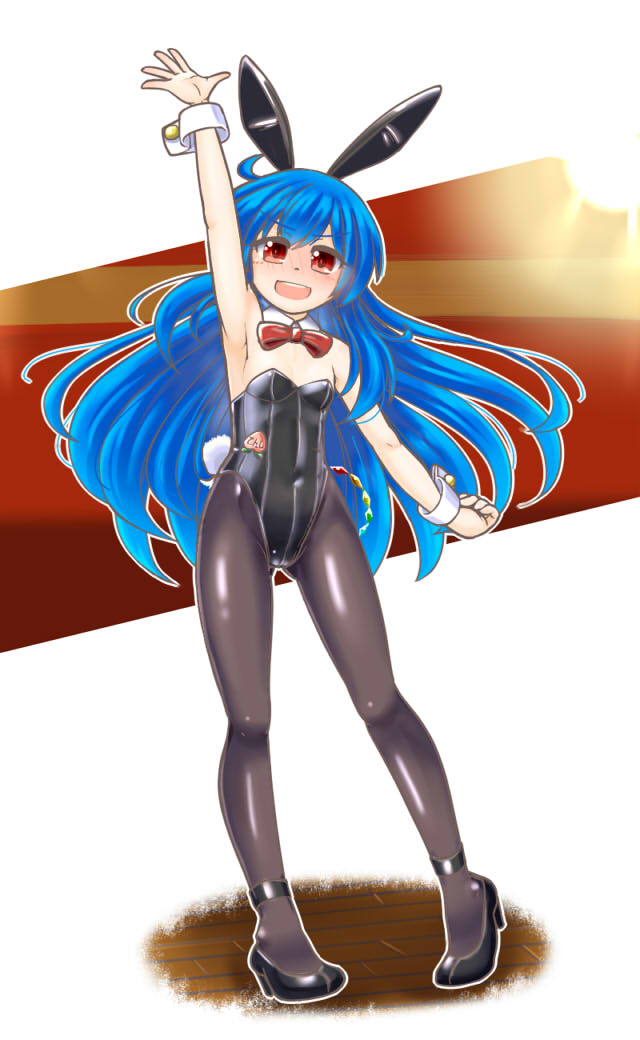 1girl animal_ears arm_up black_footwear black_legwear black_leotard blue_hair bow bowtie bunny_girl bunny_tail bunnysuit covered_navel detached_collar flat_chest full_body hinanawi_tenshi leotard long_hair mail_(mail_gell) pantyhose rabbit_ears red_eyes red_neckwear solo strapless strapless_leotard tail touhou wrist_cuffs
