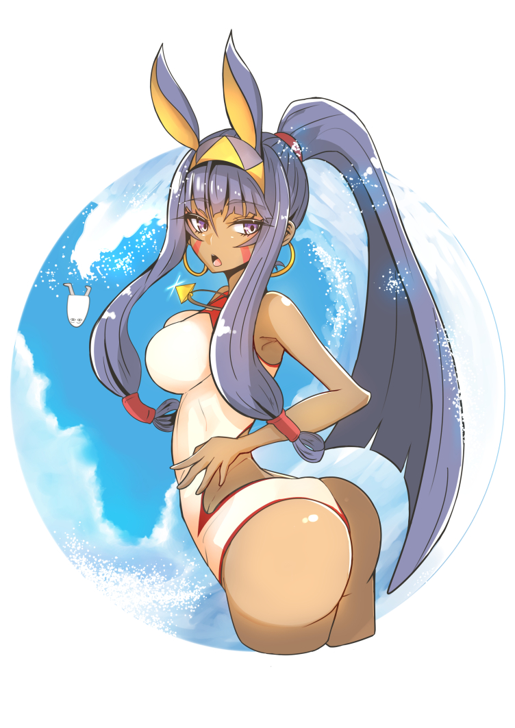 1girl animal_ears arched_back ass breasts competition_swimsuit cosplay cowboy_shot cropped_legs dark_skin earrings facepaint facial_mark fate/grand_order fate_(series) gin_moku hoop_earrings impossible_clothes jackal_ears jewelry large_breasts long_hair looking_at_viewer low-tied_long_hair medjed medjed_(cosplay) nitocris_(fate/grand_order) nitocris_(swimsuit_assassin)_(fate) one-piece_swimsuit open_mouth outside_border ponytail purple_hair solo swimsuit thighs violet_eyes white_swimsuit wide_hips