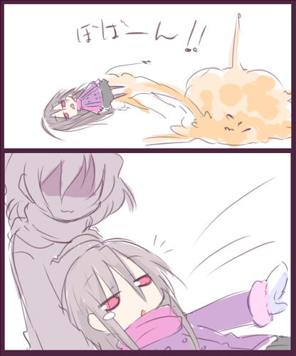 2girls 2koma :3 bangs black_skirt closed_mouth comic commentary_request explosion eyebrows_visible_through_hair faceless faceless_female fur-trimmed_sleeves fur_trim grey_hair hair_between_eyes hime_(suguri) hono jacket long_sleeves lowres mittens multiple_girls notice_lines parted_lips purple_jacket red_eyes silent_comic skirt suguri suguri_(character) translation_request white_background white_mittens