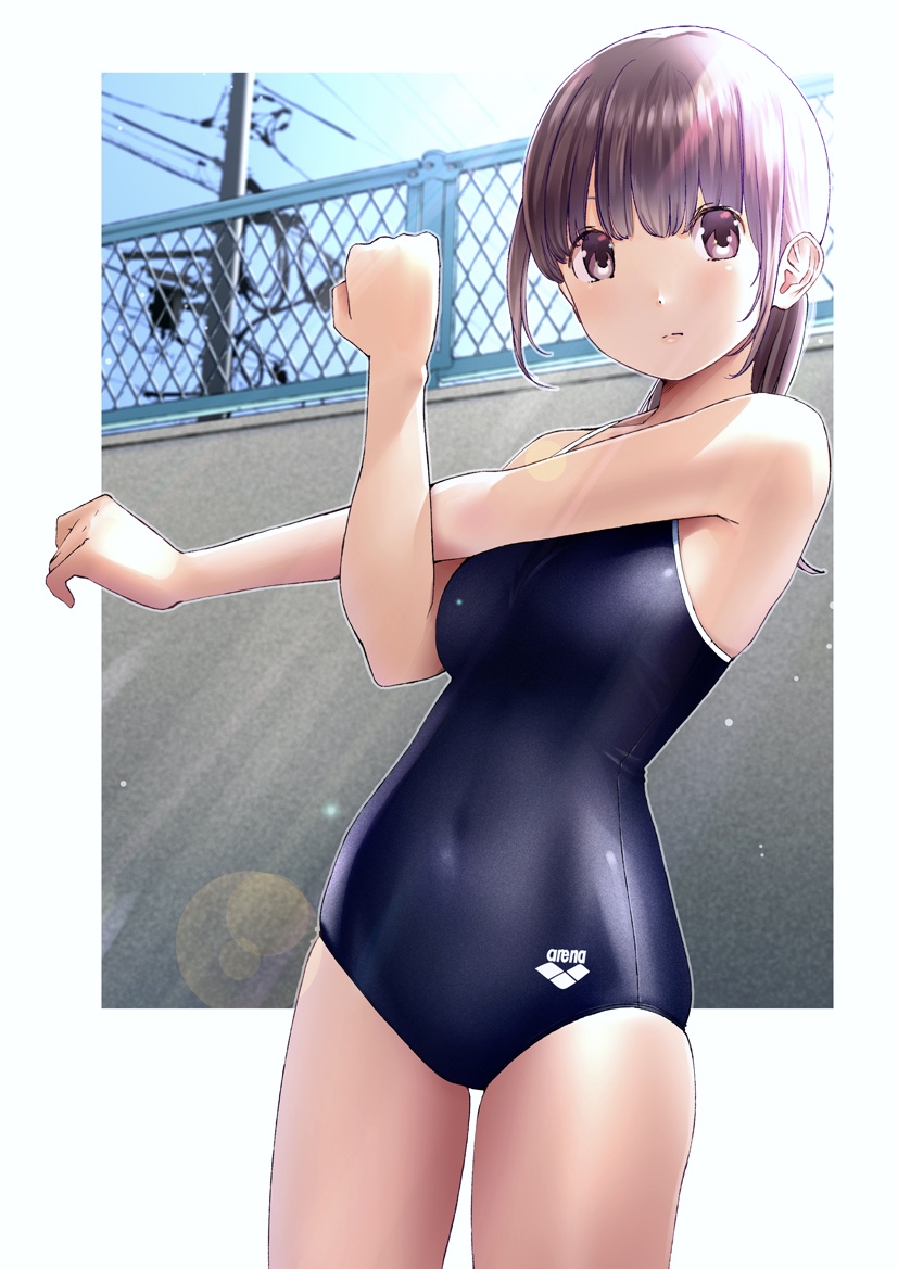 1girl arm_across_chest bangs bare_legs bare_shoulders blue_sky blue_swimsuit blush breasts brown_eyes brown_hair chain-link_fence chikuwa_(odennabe) closed_mouth clouds commentary_request competition_school_swimsuit covered_navel cowboy_shot day fence hair_between_eyes long_hair looking_at_viewer medium_breasts one-piece_swimsuit original power_lines sky solo standing stretch swimsuit telephone_pole