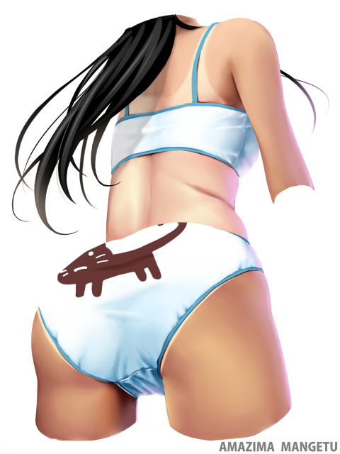 1girl amazima_mangetu animal_print artist_name ass back back-print_panties black_hair bra cat_print commentary_request cropped_legs cropped_neck crossed_arms crotch_seam from_behind leaning_forward long_hair original panties print_panties signature simple_background solo standing thighs underwear underwear_only white_background white_bra