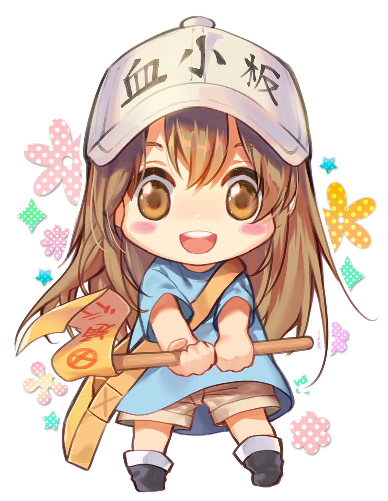 1girl :d bag black_footwear blue_shirt boots brown_eyes brown_hair brown_shorts character_name chibi clothes_writing commentary_request flag flat_cap grey_hat hat hataraku_saibou headwear_writing holding holding_flag long_hair mintchoco_(orange_shabette) open_mouth outstretched_arm platelet_(hataraku_saibou) round_teeth shirt short_sleeves shorts shoulder_bag smile solo teeth upper_teeth very_long_hair
