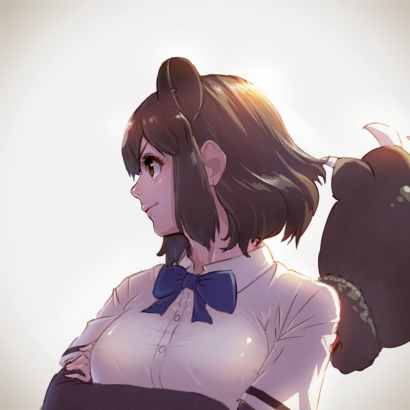1girl animal_ears bear_ears bear_paw_hammer bow bowtie brown_bear_(kemono_friends) brown_eyes brown_hair collared_shirt commentary_request crossed_arms elbow_gloves extra_ears eyebrows_visible_through_hair fingerless_gloves gloves kemono_friends multicolored_hair profile shirt short_hair short_sleeves solo takami_masahiro weapon white_hair