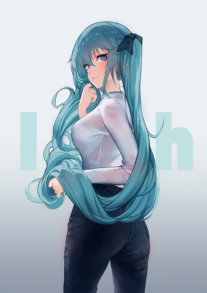 1girl alternate_costume aqua_eyes aqua_hair ass bangs blush bow breasts closed_mouth commentary_request gradient gradient_background hair_between_eyes hair_bow hatsune_miku holding holding_hair long_hair looking_at_viewer looking_back medium_breasts pants pre_(17194196) simple_background solo standing twintails vocaloid