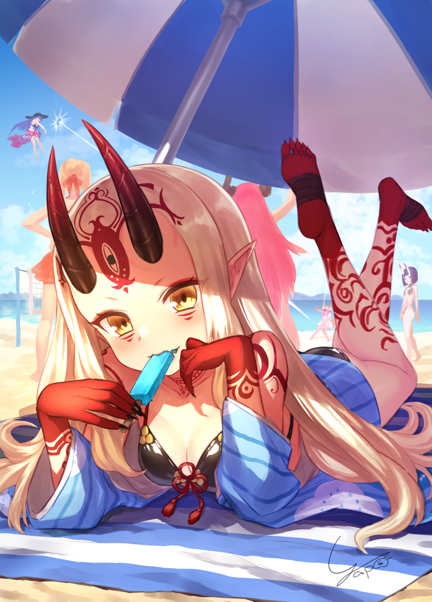 6+girls bare_shoulders barefoot beach beach_towel beach_umbrella bikini black_bikini blonde_hair blue_kimono blue_sky blush breasts cleavage clouds collarbone commentary_request day elizabeth_bathory_(fate) elizabeth_bathory_(fate)_(all) facial_mark fang_out fangs fate/grand_order fate_(series) fingernails food forehead_mark front-tie_top hat highres horns ibaraki_douji_(fate/grand_order) ibaraki_douji_(swimsuit_lancer)_(fate) japanese_clothes kimono long_hair looking_at_viewer lying multiple_girls nero_claudius_(fate) nero_claudius_(fate)_(all) nero_claudius_(swimsuit_caster)_(fate) ocean on_stomach oni oni_horns outdoors pink_hair pointy_ears popsicle purple_hair saint_martha saint_martha_(swimsuit_ruler)_(fate) sharp_fingernails shuten_douji_(fate/grand_order) sky smile swimsuit tamamo_(fate)_(all) tamamo_no_mae_(fate) tamamo_no_mae_(swimsuit_lancer)_(fate) tattoo towel umbrella very_long_hair water yapo_(croquis_side) yellow_eyes