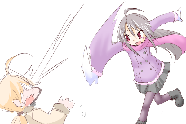 2girls :d afterimage ahoge bangs black_footwear blonde_hair blush_stickers boots brown_coat brown_legwear coat commentary_request eyebrows_visible_through_hair grey_hair grey_skirt hair_between_eyes hono in_the_face jacket long_hair long_sleeves low_ponytail mittens multiple_girls official_art open_mouth pantyhose pink_scarf pleated_skirt purple_jacket red_eyes saki_(suguri) scarf simple_background skirt smile snow snowball snowball_fight standing standing_on_one_leg suguri suguri_(character) throwing v-shaped_eyebrows very_long_hair white_background white_mittens