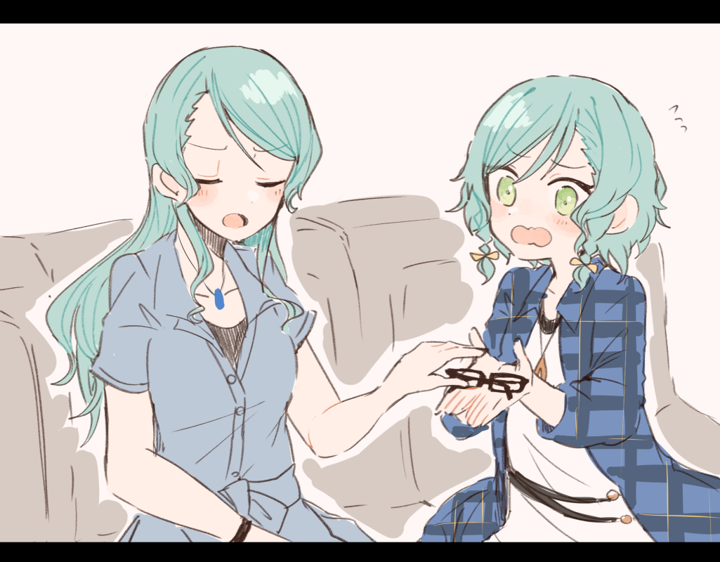 2girls aqua_hair bang_dream! blue_hair braid closed_eyes couch glasses green_eyes hikawa_hina hikawa_sayo itomugi-kun letterboxed long_hair multiple_girls short_hair siblings sisters twin_braids twins