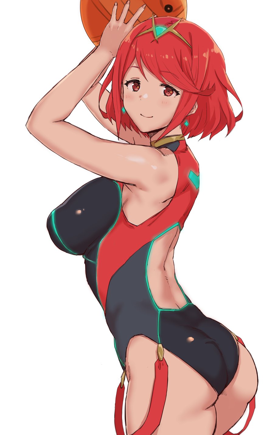 1girl arms_up ass ball beachball breasts earrings eyebrows_visible_through_hair gem go-m hair_ornament highres pyra_(xenoblade) jewelry large_breasts looking_at_viewer looking_back one-piece_swimsuit red_eyes redhead simple_background smile suspenders swimsuit tiara white_background xenoblade_(series) xenoblade_2