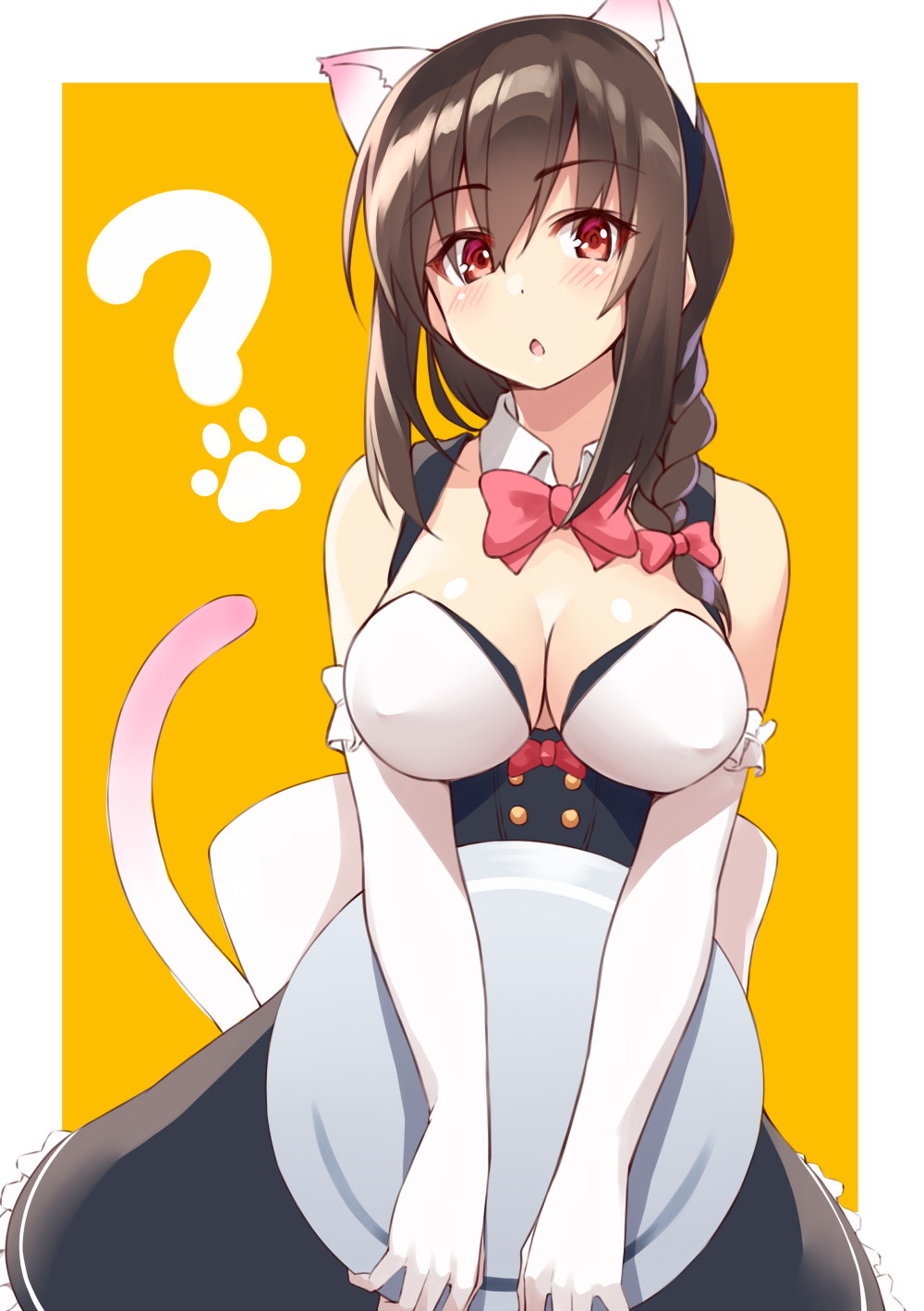 1girl :o ? animal_ears bare_shoulders black_hairband black_skirt blush border bow bowtie braid breasts brown_hair cat_ears cat_tail cleavage colored_eyelashes commentary_request cowgirl_position detached_collar elbow_gloves erect_nipples eyebrows_visible_through_hair fake_animal_ears frilled_skirt frills gloves gradient gradient_background hair_between_eyes hair_bow hairband high-waist_skirt highres holding holding_tray large_breasts long_hair looking_at_viewer maid open_mouth orange_background original paws red_bow red_eyes red_neckwear shunichi sidelocks single_braid skirt solo straddling tail tray white_border white_gloves wing_collar