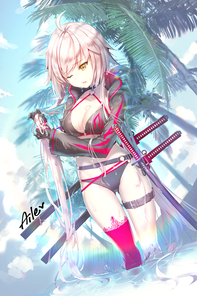 1girl aile_(crossroads) asymmetrical_legwear bangs belt_buckle bikini black_belt black_bikini black_gloves black_jacket blue_sky breasts brown_eyes buckle cleavage clouds commentary_request day dutch_angle eyebrows_visible_through_hair fate/grand_order fate_(series) gloves holding holding_hair jacket jeanne_d'arc_(alter_swimsuit_berserker) jeanne_d'arc_(fate)_(all) katana leg_belt long_hair long_sleeves medium_breasts o-ring o-ring_bikini o-ring_bottom o-ring_top one_eye_closed outdoors palm_tree parted_lips red_legwear sheath sheathed signature silver_hair single_thighhigh sky solo standing swimsuit sword thigh-highs tree very_long_hair wading water weapon wet wet_hair