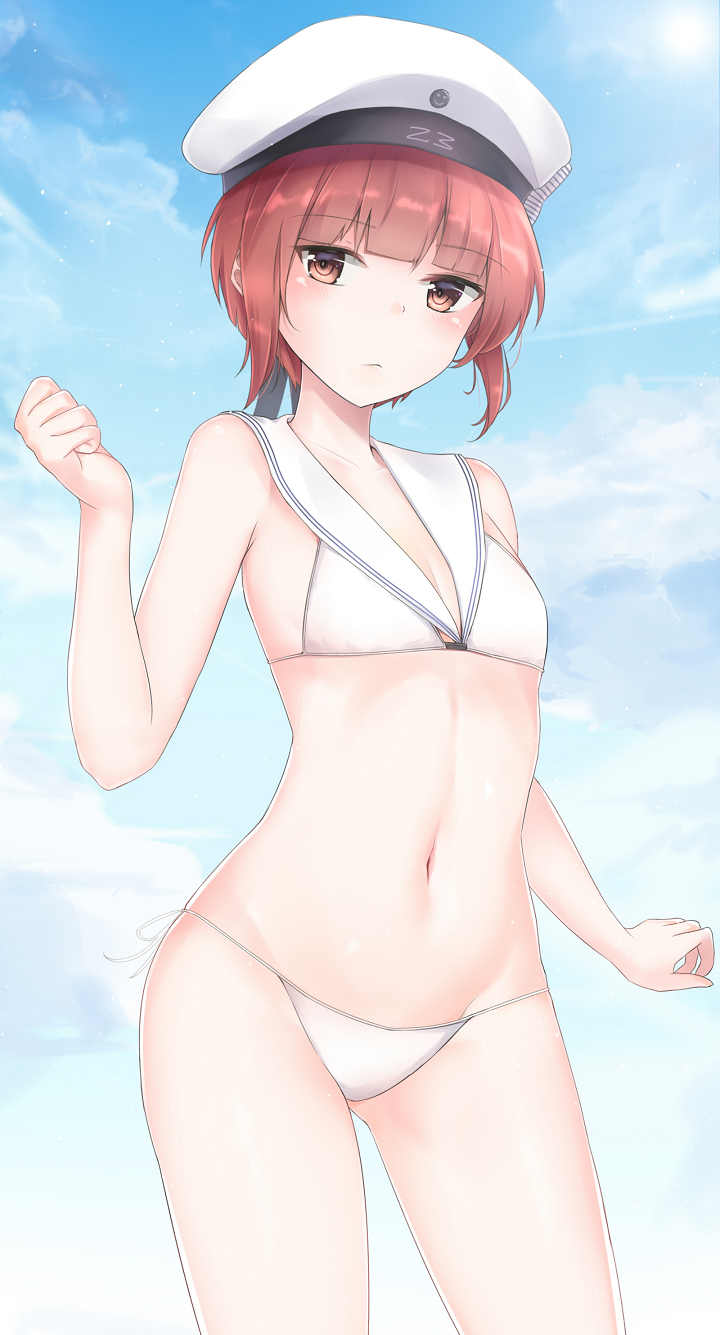 1girl alternate_costume bikini blue_sky blush breasts brown_eyes brown_hair closed_mouth clouds collarbone cowboy_shot day eyebrows_visible_through_hair groin hands_up hat highres jenson_tw kantai_collection light_particles looking_at_viewer navel outdoors sailor_bikini sailor_collar sailor_hat short_hair side-tie_bikini skindentation sky small_breasts solo stomach swimsuit thighs white_bikini white_hat z3_max_schultz_(kantai_collection)