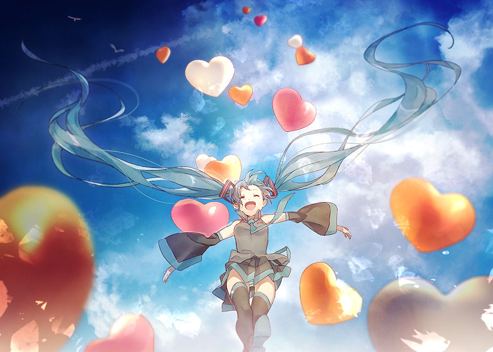 1girl ^_^ absurdly_long_hair aqua_neckwear bangs blue_hair boots closed_eyes closed_eyes clouds cloudy_sky commentary_request condensation_trail detached_sleeves hatsune_miku heart_balloon hotechige long_hair miniskirt necktie open_mouth outstretched_arms pleated_skirt skirt sky smile solo spread_arms thigh-highs thigh_boots twintails very_long_hair vocaloid wide_sleeves