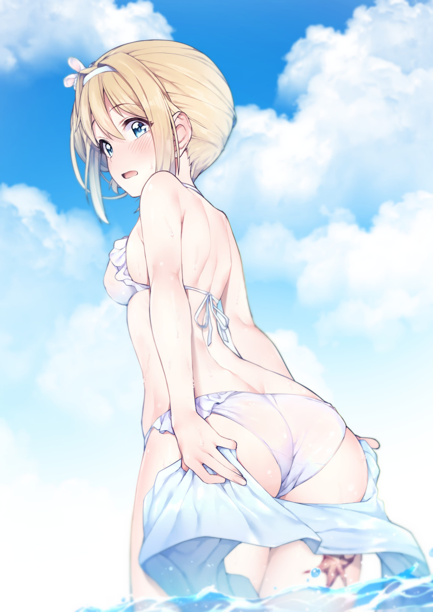 1girl ass bangs bare_shoulders bikini blonde_hair blue_eyes blue_sky blush breasts check_commentary clouds cloudy_sky commentary_request day eyebrows_visible_through_hair frilled_bikini frills from_behind girls_frontline hair_between_eyes hair_ornament hairband highres jp06 long_hair looking_at_viewer medium_breasts midriff open_mouth outdoors sarong sarong_removed sidelocks sky solo standing starfish sunlight suomi_kp31_(girls_frontline) swimsuit thighs wading water white_bikini