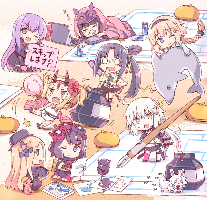 6+girls :&lt; :d ;) ;d abigail_williams_(fate/grand_order) animal asymmetrical_legwear bangs bb_(fate)_(all) bb_(fate/extra_ccc) beret bikini black_bikini black_cape black_dress black_hair black_hairband black_hat black_jacket black_scrunchie black_skirt blonde_hair blue_bikini blue_eyes blue_jacket blunt_bangs blush bow braid brown_eyes brown_hair can cape chibi cloak closed_mouth commentary_request computer cotton_candy creature detached_sleeves dolphin drawing_tablet dress drooling energy_drink eyebrows_visible_through_hair facial_mark fang fate/grand_order fate_(series) flower flying_sweatdrops food forehead_mark fou_(fate/grand_order) fountain_pen glasses hair_between_eyes hair_bow hair_flower hair_ornament hair_scrunchie hairband hat holding holding_food holding_pen holding_sign hood hood_up hooded_cloak ibaraki_douji_(fate/grand_order) ibaraki_douji_(swimsuit_lancer)_(fate) ink inkwell jacket japanese_clothes jeanne_d'arc_(alter_swimsuit_berserker) jeanne_d'arc_(fate)_(all) jeanne_d'arc_(swimsuit_archer) katana katsushika_hokusai_(fate/grand_order) kimono laptop leaning_to_the_side lightning_bolt long_hair long_sleeves lying miniskirt multiple_girls o_o obi octopus on_side one_eye_closed open_mouth orange_bow osakabe-hime_(fate/grand_order) parted_bangs pen pink_cloak pleated_skirt profile purple_bow purple_hair purple_kimono red_bull red_flower red_legwear rioshi sash scrunchie seiza sheath sheathed side_ponytail sidelocks sign silver_hair single_braid single_thighhigh sitting skirt sleeping sleeves_past_fingers sleeves_past_wrists smile standing strapless strapless_swimsuit stuffed_animal stuffed_toy swimsuit sword tablet teddy_bear thigh-highs tilted_headwear tokitarou_(fate/grand_order) translated twintails ushiwakamaru_(fate/grand_order) ushiwakamaru_(swimsuit_assassin)_(fate) v-shaped_eyebrows violet_eyes weapon white_swimsuit wide_sleeves yellow_hat yellow_jacket zzz