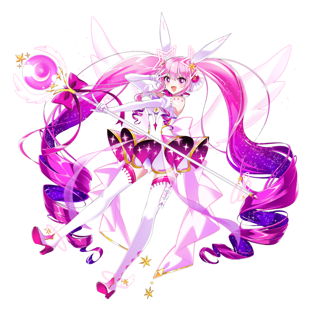 1girl :d absurdly_long_hair aisha_(elsword) boo_1 boots dress elbow_gloves elsword floating_hair full_body gloves hair_ornament high_heel_boots high_heels holding holding_staff index_finger_raised long_hair looking_at_viewer magical_girl open_mouth pink_eyes pink_hair short_dress simple_background sleeveless sleeveless_dress smile solo staff thigh-highs thigh_boots very_long_hair w white_background white_footwear white_gloves