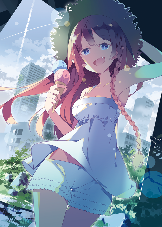 1girl armpits bangs bare_arms bare_shoulders blue_eyes blue_sky braid building camisole clouds collarbone commentary_request day double_scoop eyebrows_visible_through_hair food haruse_hiroki hat holding holding_food ice_cream ice_cream_cone long_hair original outdoors redhead ruins short_shorts shorts side_braid single_braid sky skyscraper solo straw_hat very_long_hair white_camisole white_shorts