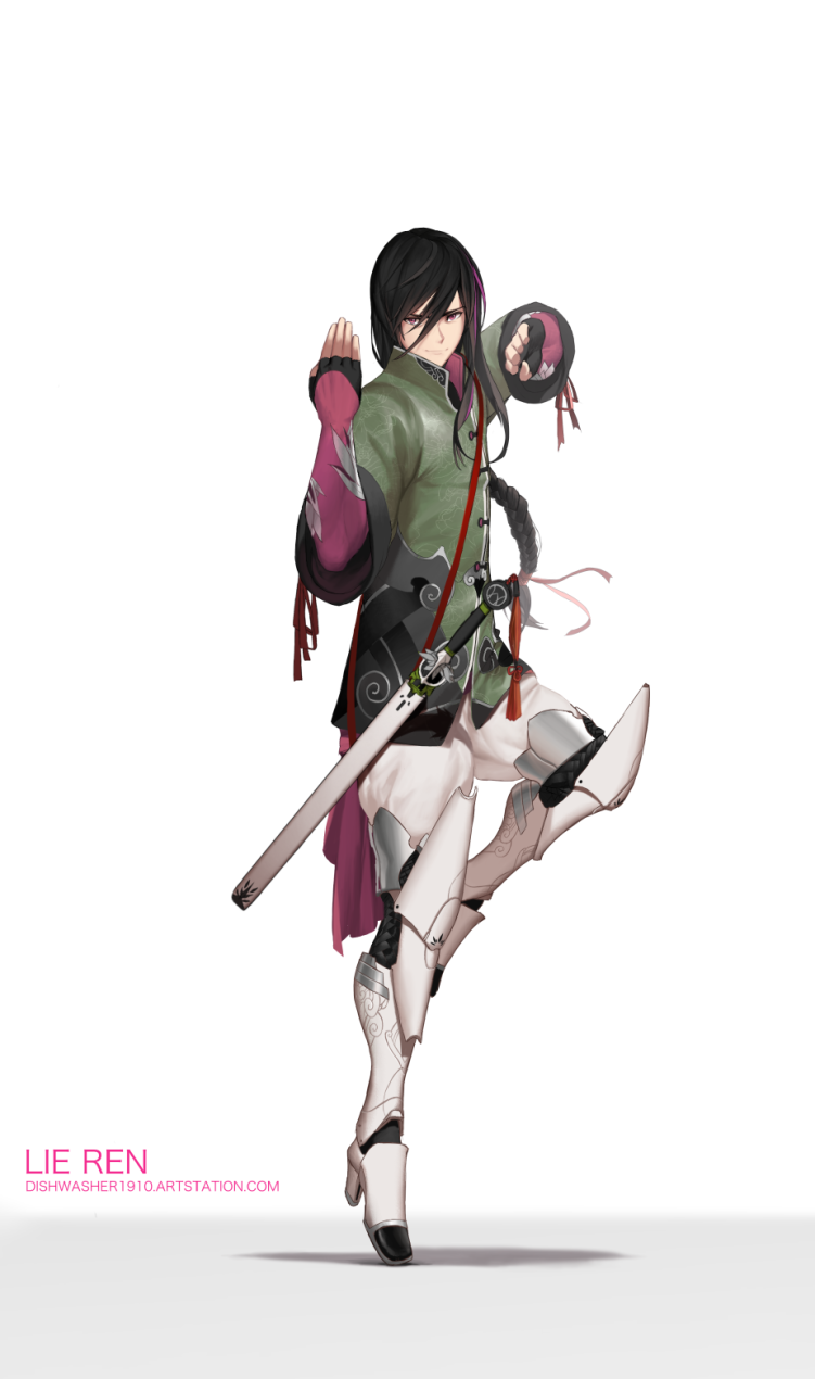 1boy armored_boots black_hair boots changpao chinese_clothes commentary dishwasher1910 english_commentary fighting_stance fingerless_gloves gloves highres katana lie_ren long_hair pants ponytail pose rwby sheath sheathed solo sword very_long_hair violet_eyes weapon white_background white_pants
