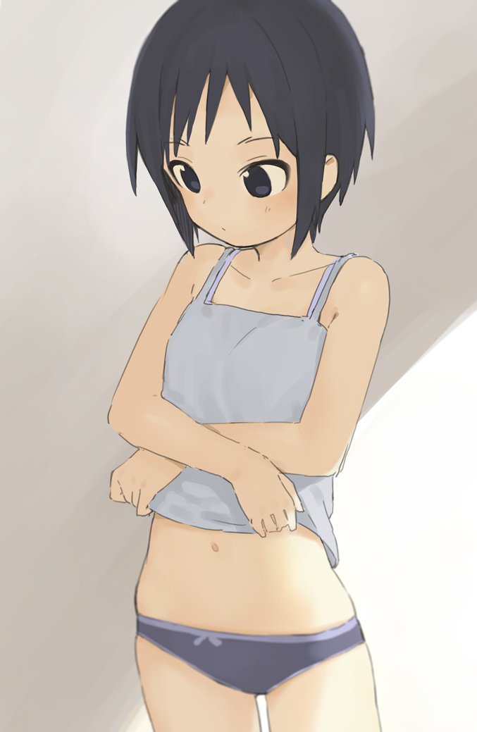 1girl black_eyes black_hair collarbone flat_chest kurosaki_honoka navel panties seramikku shirt_lift short_hair simple_background solo standing tank_top underwear undressing yama_no_susume