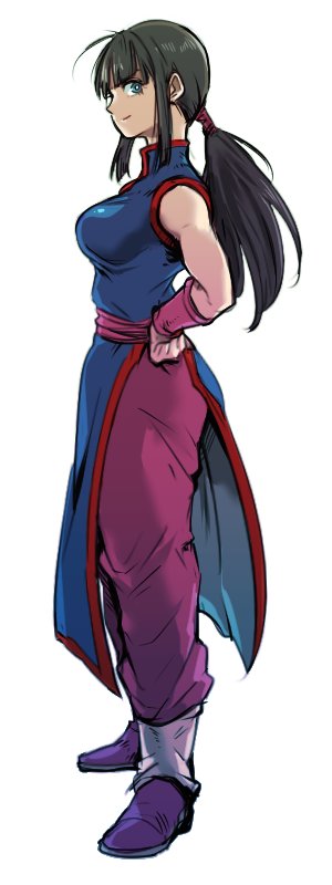 1girl bangs black_hair blue_eyes breasts chi-chi_(dragon_ball) china_dress chinese_clothes dragon_ball dragon_ball_(classic) dress eyelashes full_body hand_on_hip light_smile long_hair ponytail profile purple_footwear simple_background sleeveless smile solo st62svnexilf2p9 standing white_background wristband