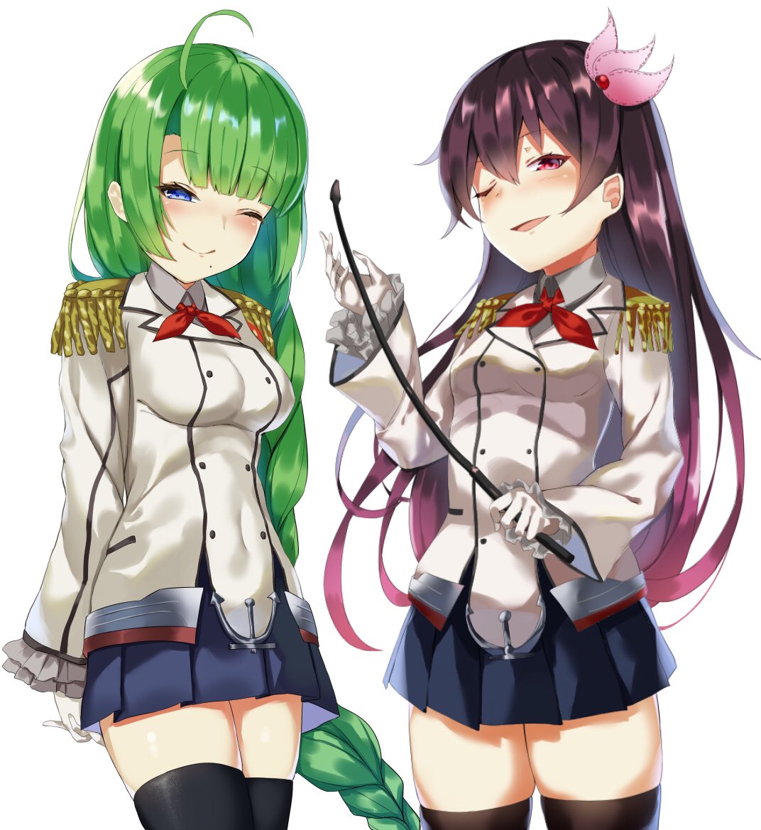 2girls ahoge ascot black_hair black_legwear black_miniskirt black_skirt blue_eyes braid buttons commentary_request cosplay cowboy_shot double-breasted epaulettes frilled_sleeves frills gloves green_hair hair_ornament kantai_collection kashima_(kantai_collection) kashima_(kantai_collection)_(cosplay) kerchief kisaragi_(kantai_collection) long_hair long_sleeves looking_at_viewer military military_jacket military_uniform miniskirt mole mole_under_mouth multiple_girls neckerchief one_eye_closed pleated_skirt pooor red_eyes red_neckwear riding_crop simple_background single_braid skirt thigh-highs uniform very_long_hair wavy_hair white_background white_gloves yuugumo_(kantai_collection)