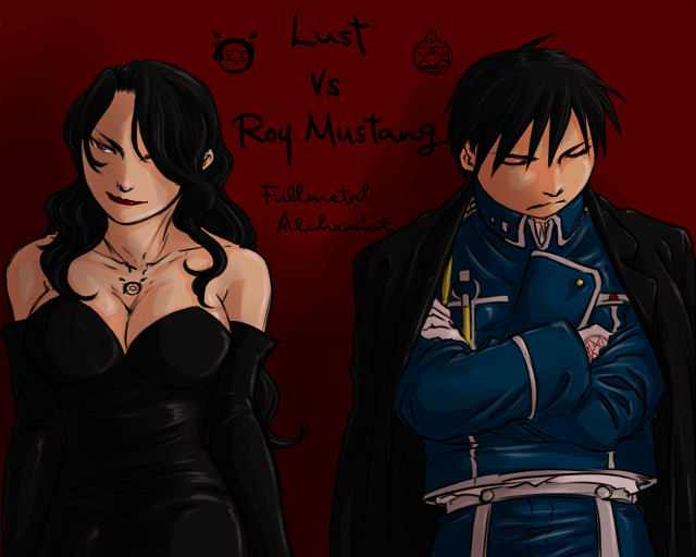 1boy 1girl amestris_military_uniform black_coat black_dress black_hair breast_tattoo breasts character_name closed_eyes coat copyright_name crossed_arms curly_hair dress elbow_gloves evil_smile expressionless facing_away fullmetal_alchemist gloves hair_over_one_eye head_tilt jacket_on_shoulders light_smile lipstick long_hair looking_away lust makeup military military_uniform ouroboros red_background red_eyes roy_mustang serious shaded_face shadow short_hair simple_background sleeveless sleeveless_dress smile tattoo uniform upper_body vs white_gloves