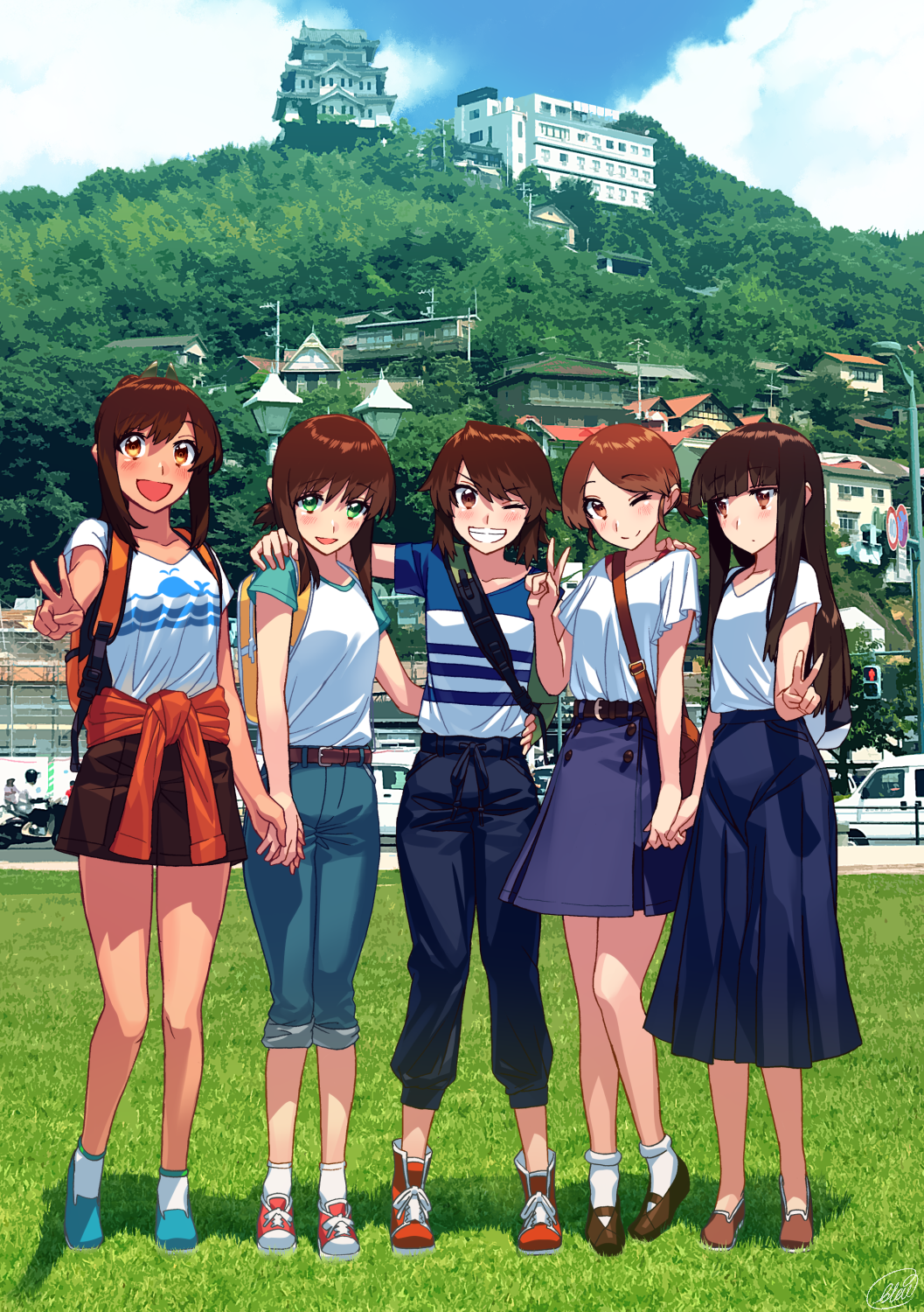 5girls :d ;) alternate_costume backpack bag blew_andwhite blue_skirt brown_eyes brown_hair building casual clothes_around_waist comiket_94 commentary_request denim fubuki_(kantai_collection) full_body green_eyes grin hand_holding hatsuyuki_(kantai_collection) highres i-401_(kantai_collection) jacket jacket_around_waist jeans kantai_collection long_hair long_skirt looking_at_viewer looking_to_the_side low_ponytail low_twintails miyuki_(kantai_collection) mountain multiple_girls odd_one_out one_eye_closed open_mouth orange_jacket pagoda pants photo_background ponytail scenery shirayuki_(kantai_collection) shirt shoes short_hair short_ponytail skirt smile sneakers twintails v v-shaped_eyebrows white_shirt