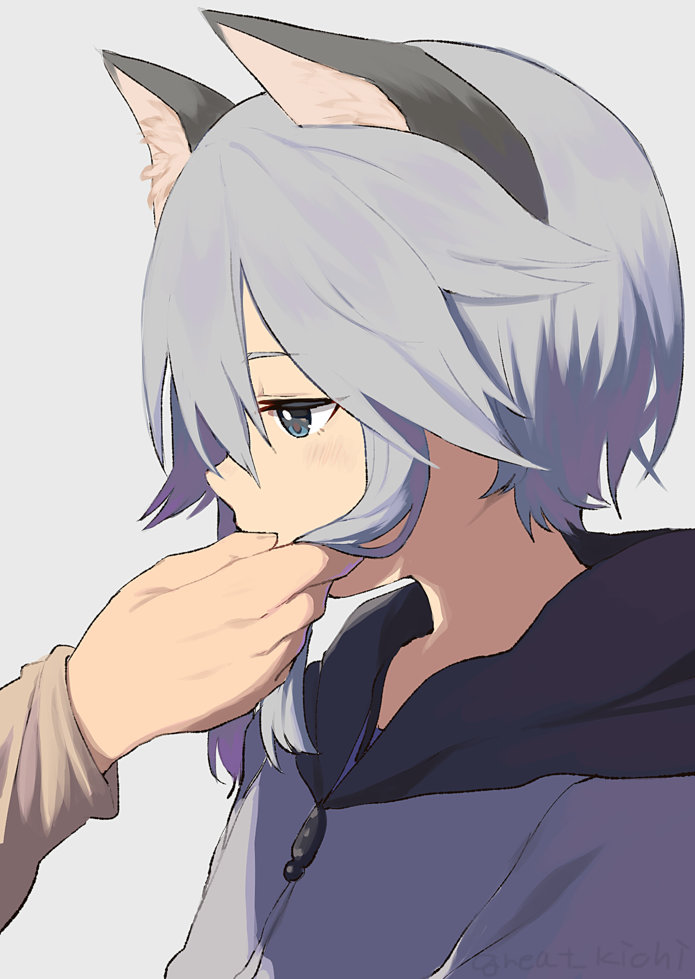 1boy animal_ears blue_eyes blush cat_ears catboy great_kichi hand_in_another's_hair ledo_vassar light_blue_hair male_focus out_of_frame pop-up_story solo_focus