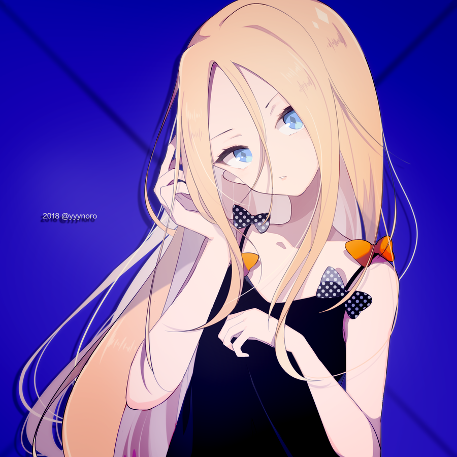 1girl 2018 abigail_williams_(fate/grand_order) alternate_costume bangs bare_arms bare_shoulders black_bow black_dress blonde_hair blue_background blue_eyes bow captain_yue collarbone dress fate/grand_order fate_(series) forehead hair_between_eyes hands_up head_tilt long_hair looking_at_viewer orange_bow parted_bangs polka_dot polka_dot_bow sleeveless sleeveless_dress solo twitter_username very_long_hair