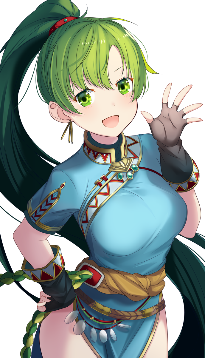 1girl :d aqua_dress black_gloves blush breasts cute dress earrings female fingerless_gloves fire_emblem fire_emblem:_rekka_no_ken fire_emblem:_the_blazing_blade fire_emblem_7 gloves green_eyes green_hair hand_on_hip hand_up highres intelligent_systems jewelry long_hair long_ponytail looking_at_viewer lyn_(fire_emblem) lyndis_(fire_emblem) medium_breasts moe nintendo open_mouth ponytail ringozaka_mariko short_sleeves side_slit simple_background smile solo standing waving white_background