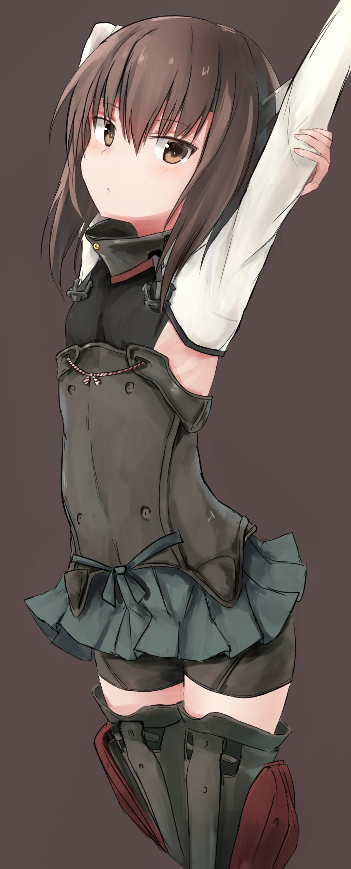 1girl absurdres anchor arm_behind_head arms_up bangs bike_shorts brown_background brown_eyes brown_hair corset cowboy_shot eyebrows_visible_through_hair flat_chest hair_between_eyes headgear highres kantai_collection long_sleeves looking_at_viewer miniskirt pleated_skirt remodel_(kantai_collection) short_hair shorts shorts_under_skirt simple_background skirt solo standing taihou_(kantai_collection) yuki_(yukin0128)