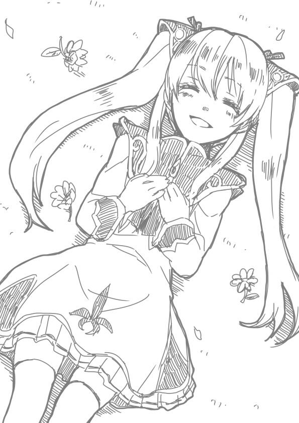 1girl coma_(macaron) commentary_request dress ear_covers long_hair lymle_lemuri_phi monochrome solo star_ocean star_ocean_the_last_hope thigh-highs twintails