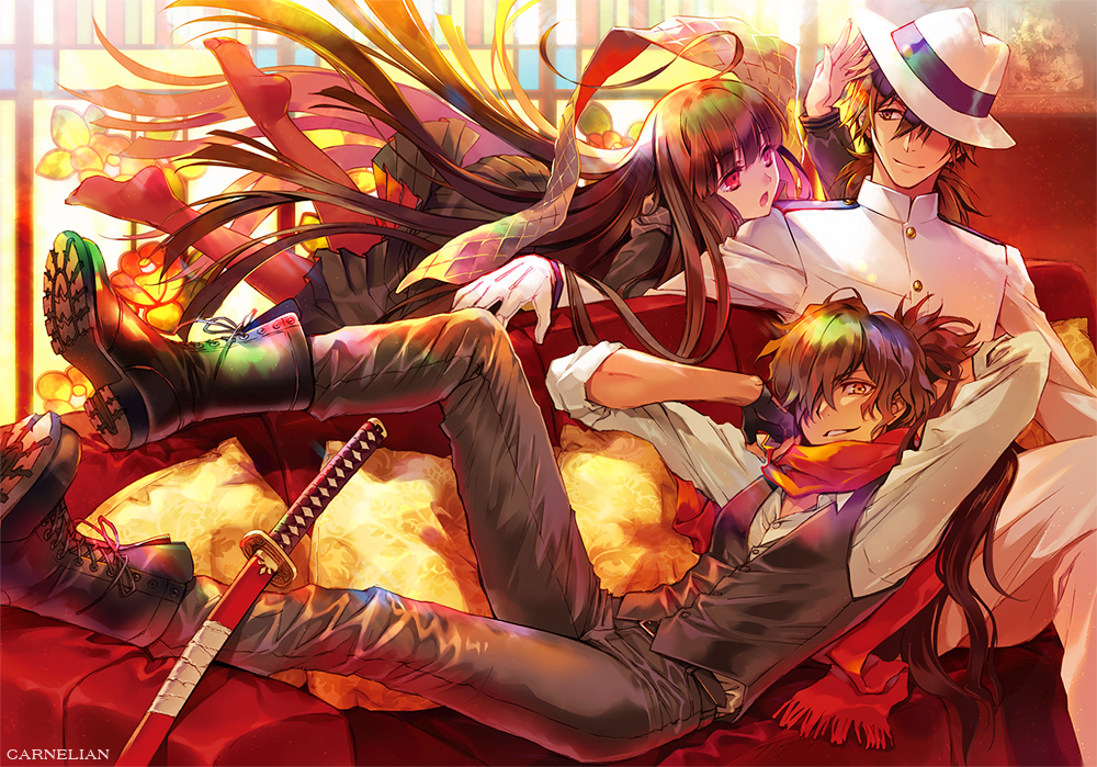 1girl 2boys bangs belt black_gloves black_hair blunt_bangs boots carnelian commentary_request couch fate/grand_order fate_(series) fingerless_gloves gloves hair_over_one_eye hat katana long_hair long_skirt long_sleeves lying multiple_boys okada_izou_(fate) on_back oryou_(fate) pantyhose pillow pleated_skirt ponytail red_eyes red_legwear red_scarf sakamoto_ryouma_(fate) scarf shirt sitting skirt sword very_long_hair vest weapon white_gloves white_hat white_shirt