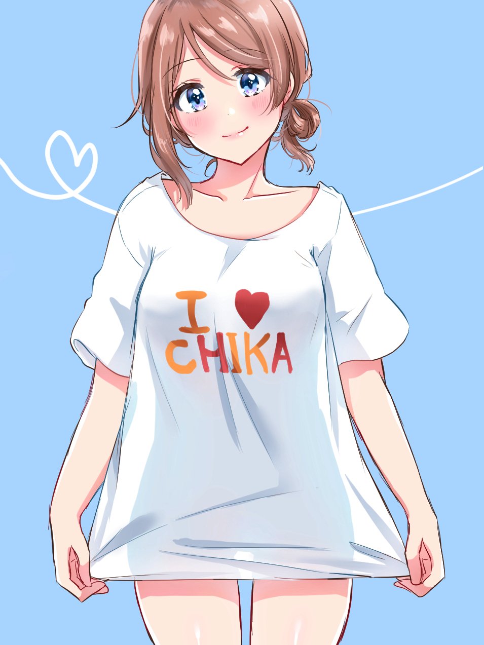 1girl alternate_hairstyle blue_background blue_eyes blush clothes_writing collarbone commentary_request eyebrows_visible_through_hair green_hair heart highres looking_at_viewer love_live! love_live!_sunshine!! minori_748 no_pants see-through_silhouette shirt shirt_hold short_sleeves side_bun simple_background smile solo t-shirt watanabe_you white_shirt