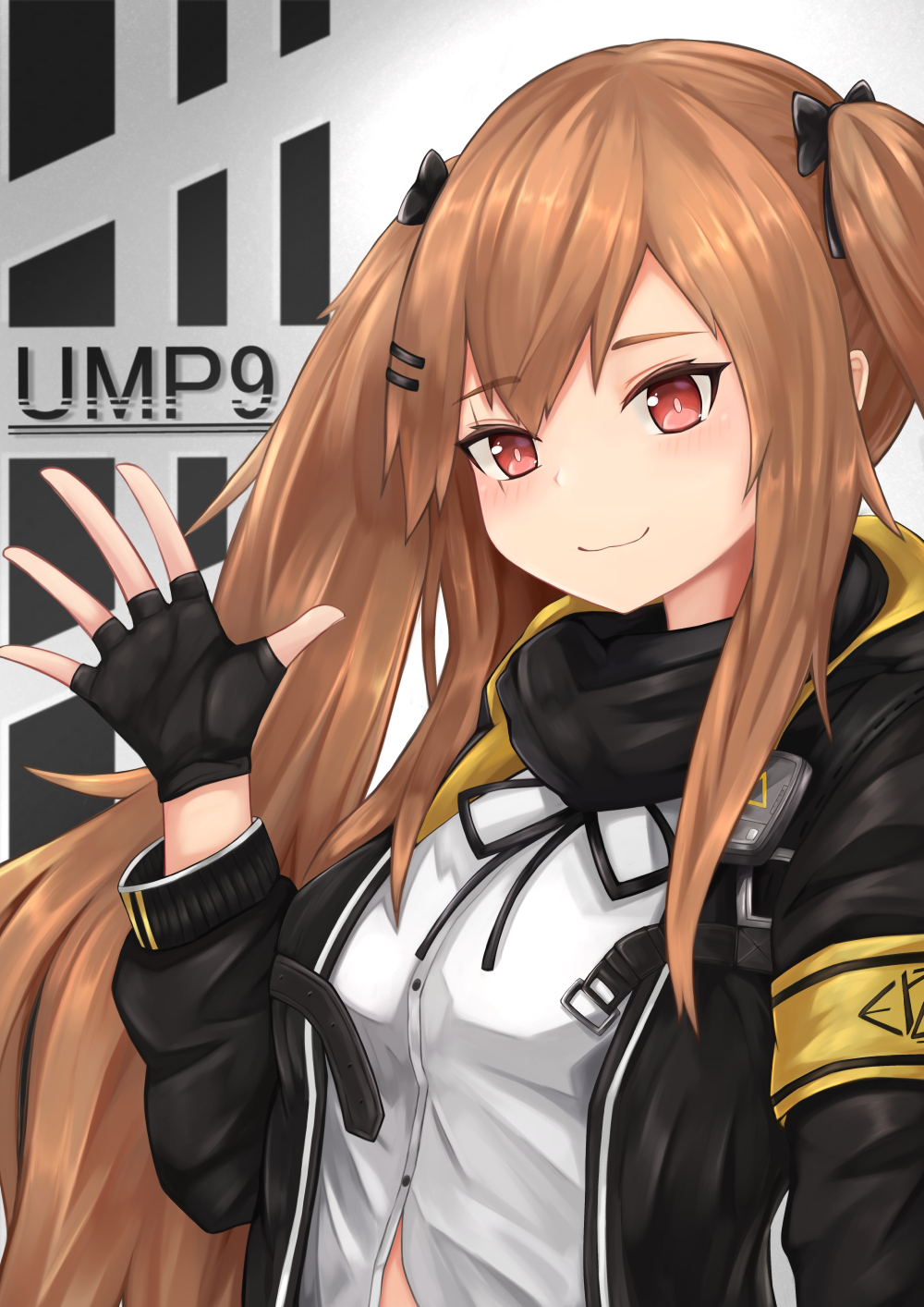 1girl bangs black_bow black_gloves black_jacket blush bow breasts brown_hair character_name closed_mouth commentary dress_shirt eyebrows_visible_through_hair fingerless_gloves girls_frontline gloves hair_bow hair_ornament hairclip hand_up highres hood hood_down hooded_jacket jacket long_hair open_clothes open_jacket red_eyes ryara_vivi shirt small_breasts smile solo two_side_up ump9_(girls_frontline) upper_body very_long_hair white_shirt