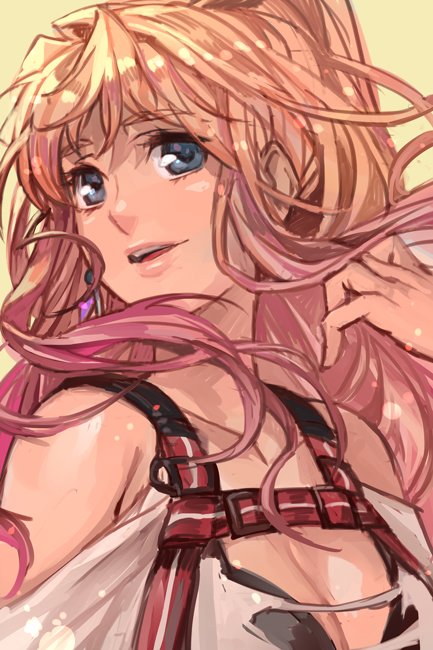 1girl blonde_hair blue_eyes breasts cleavage earrings hankuri jewelry long_hair macross macross_frontier portrait sheryl_nome smile torn_clothes