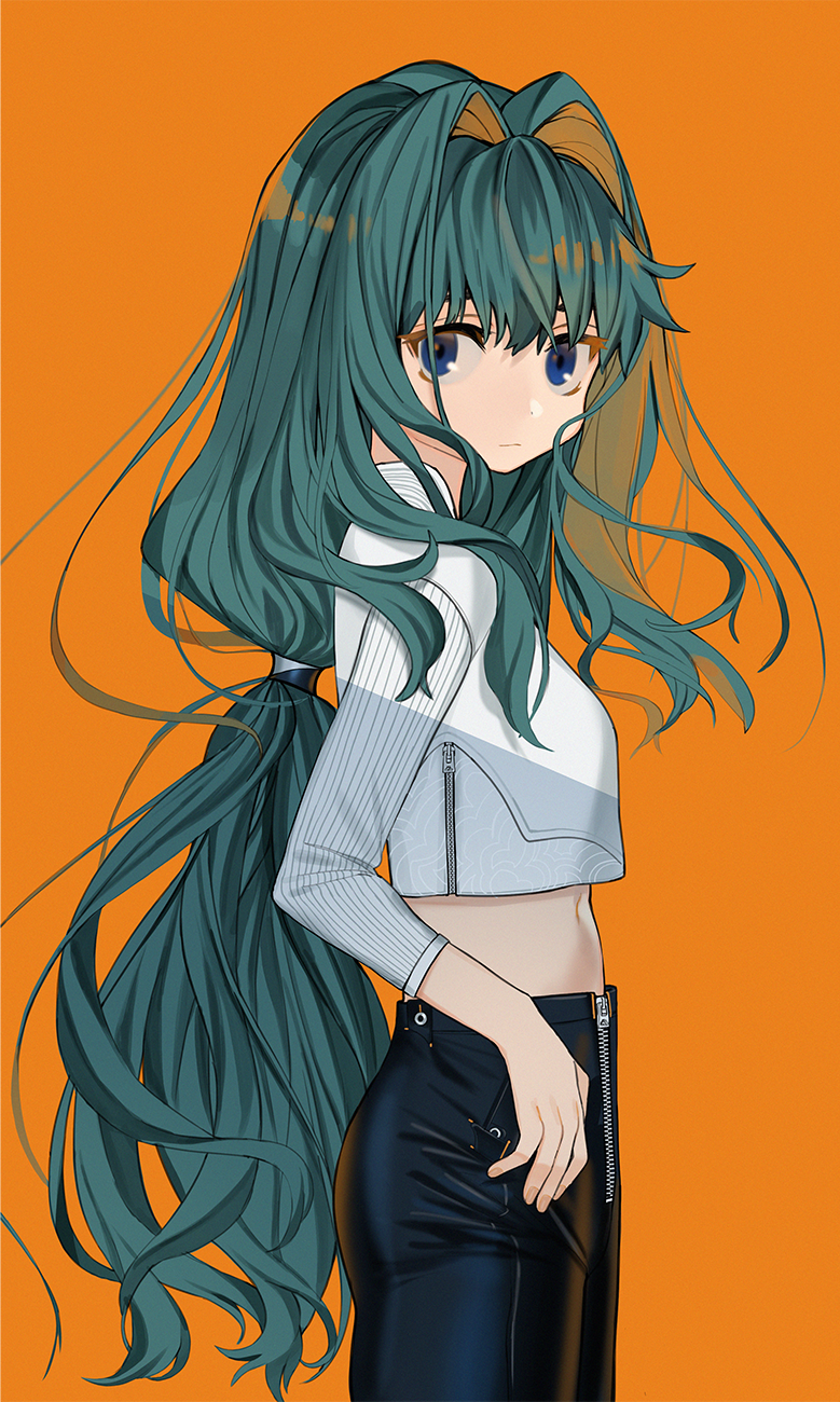 1girl bangs black_pants blue_eyes closed_mouth crop_top eyebrows_visible_through_hair fingernails green_hair hair_between_eyes hair_intakes highres long_hair long_sleeves looking_at_viewer looking_to_the_side low-tied_long_hair luicent midriff navel orange_background original pants shirt simple_background solo standing very_long_hair white_shirt zipper zipper_pull_tab