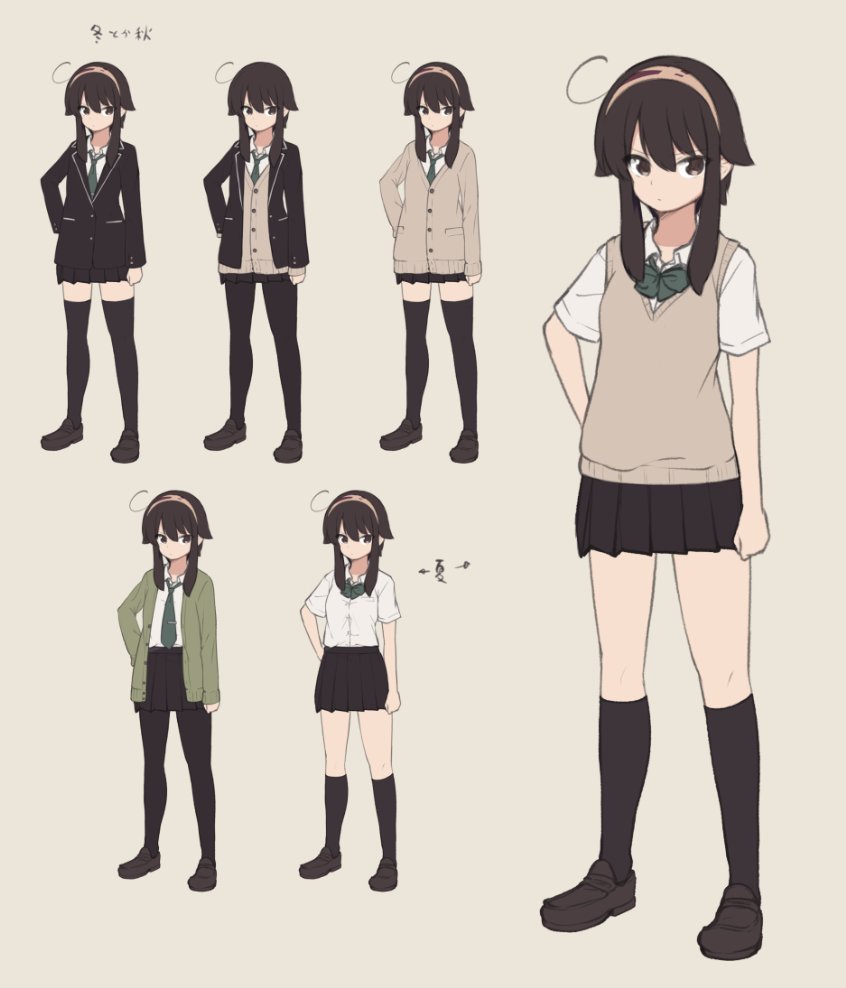 1girl ahoge bangs black_jacket black_legwear black_skirt blazer bow brown_background brown_cardigan brown_eyes brown_footwear brown_hair brown_hairband cardigan closed_mouth commentary_request directional_arrow eyebrows_visible_through_hair green_bow green_cardigan hair_between_eyes hairband hand_on_hip jacket kneehighs loafers long_hair long_sleeves looking_at_viewer multiple_views natsuki_teru open_blazer open_cardigan open_clothes open_jacket original pantyhose pleated_skirt school_uniform shikibe_ayaka shirt shoes short_sleeves sidelocks simple_background skirt sleeves_past_wrists standing sweater_vest thigh-highs translated variations white_shirt