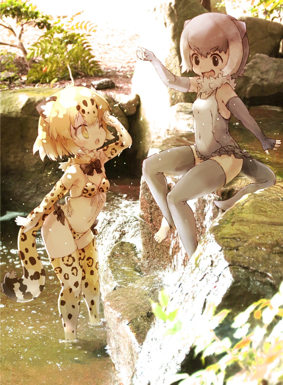 2girls :3 :d ;o animal_ears bikini black_eyes blonde_hair commentary_request day elbow_gloves eyebrows_visible_through_hair fingerless_gloves fur_trim gloves grey_gloves grey_hair grey_legwear grey_swimsuit hand_up highres jaguar_(kemono_friends) jaguar_ears jaguar_print jaguar_tail kemono_friends kolshica multiple_girls one_eye_closed open_mouth otter_ears otter_tail outdoors print_bikini print_gloves print_legwear short_hair sitting small-clawed_otter_(kemono_friends) smile swimsuit tail thigh-highs toeless_legwear v-shaped_eyebrows wading water yellow_eyes