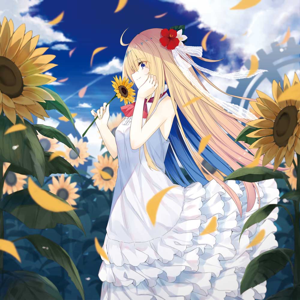 1girl ahoge bangs bare_arms bare_shoulders blonde_hair blue_eyes blue_sky blurry blurry_background blush bow breasts closed_mouth clouds commentary day depth_of_field dress english_commentary eyebrows_visible_through_hair flower hair_between_eyes hair_bow hair_flower hair_ornament holding holding_flower kavka long_hair looking_away original outdoors petals profile red_flower sky sleeveless sleeveless_dress small_breasts smile solo standing sunflower transparent very_long_hair white_bow white_dress yellow_flower